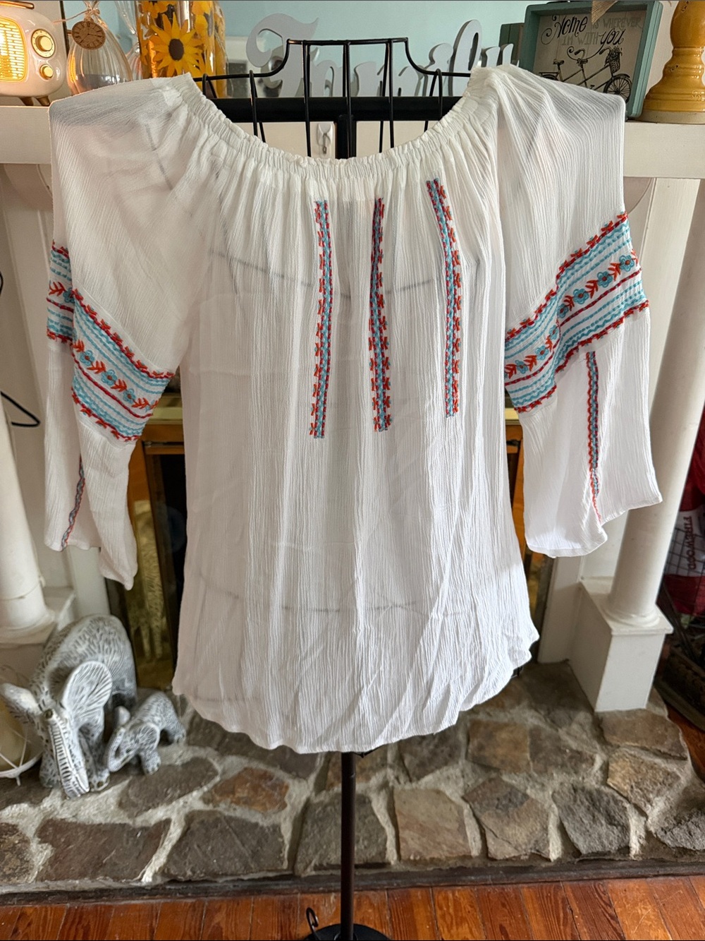 Studio West White Peasant Tunic with Blue & Red Embroidery